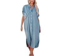 Womens Summer Short Sleeve Button Down Denim Dress Casual Bell Sleeve Loose Fit Midi Shirt Dress with Pockets