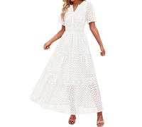 Women's Summer Short Sleeve Maxi Dress Casual V-Neck Dress with Broderie Ruffle Swing A-line Cut and Elegant Ankle Length Women's Short Sleeve Long Dresses Eyelet Ruffle Swing, White, L