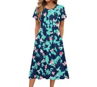 Womens Summer Short Sleeve Midi Dress Ladies Dresses Female Summer Dresses Chic Crew Neck Floral Print Petal Short Sleeve Tied Midi Dress with Pockets Sundress with Pockets (Turquoise, M)