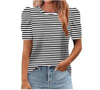 Women's Summer Short Sleeve T-Shirt 2026 Stripe Round Neck Puff Sleeve Blouse Trendy Dressy Elegant Blouse Womens Comfy Going Out Tee Shirts Women Casual Loose Fit Shirts Lightweight Blouses Black