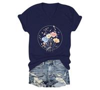 Womens Summer Short Sleeve Tops Casual Loose V Neck T Shirts Wild Flower Graphic Tee(Dark Blue, XXXL)(Chemise a Carreaux Femme