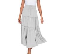 Womens Summer Skirts UK Elasticated Waist Pleated Skirt Knee Length a Line Maxi Skirts Plus Size Drawstring Beach Half Dress Ladies Flowy Hiking Skater Long Dressing Size S-2xl