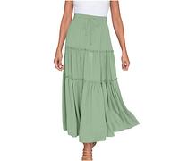Womens Summer Skirts UK Elasticated Waist Pleated Skirt Knee Length a Line Maxi Skirts Plus Size Drawstring Beach Half Dress Ladies Flowy Hiking Skater Long Dressing Size S-2xl