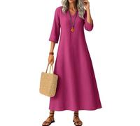 Women's Summer Sleeveless Linen Maxi Dress Shift Dresses for Women Classic Flowy Solid Color Long Sleeve V Neck Cotton with Hemline (Hot Pink, XXL)