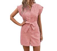 Women's Summer Sleeveless Pinstripe Short Sleeve Jumpsuit Women Button V Neck Pockets Belted Jumpsuits (Pink,M)