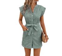 Women's Summer Sleeveless Pinstripe Short Sleeve Jumpsuit Women Button V Neck Pockets Belted Jumpsuits (Green,XL)