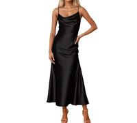 Women's Summer Sleeveless Silk Maxi Dresses Spaghetti Strap Wedding Guest Prom Formal Evening Cocktail Dress Backless Back Tie Satin Dress Elegant Ladies Swing Strappy Long Dresses for (Black, S)