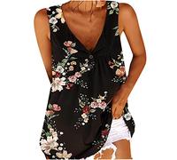 Womens Summer Sleeveless Vests Ladies Button V Neck Tank Tops Blouse Loose Casual Tie Dye Blouses Floral Print Longline Long Length Shirts Ladies Going Out Top