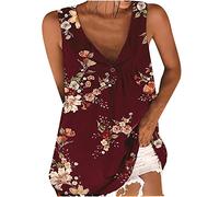 Womens Summer Sleeveless Vests Ladies Button V Neck Tank Tops Blouse Loose Casual Tie Dye Blouses Floral Print Longline Long Length Shirts Ladies Going Out Top Red