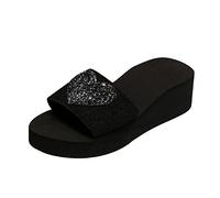 Women's Summer Slippers Flashing Heart Open Toe Slope Heel Comfortable Shoes Fashion Ladies Casual Footwear (Black, 7)