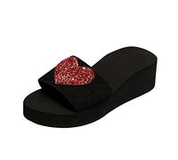 Women's Summer Slippers Flashing Heart Open Toe Slope Heel Comfortable Shoes Fashion Ladies Casual Footwear (Red, 6.5)