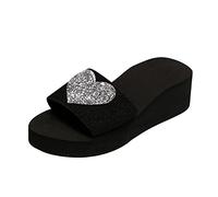 Women's Summer Slippers Flashing Heart Open Toe Slope Heel Comfortable Shoes Fashion Ladies Casual Footwear (Silver, 5.5)
