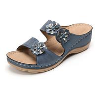 Women's Summer Slippers, Leather, Thick Soles, Wedge Heel, Beach Shoes, Non-Slip Sandals, Toes, Comfortable Shoes, Open Slippers, Breathable Slippers, Summer Glitter, blue, 2/2.5 UK