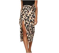 Women's Summer Slit Skirt with Separate Elasticated Waist Leopard Print Split Twist Front Thigh High Waist Elastic Midi Ruched Tie Skirt Brown