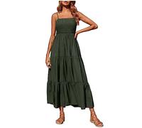 Womens Summer Smocked Dresses with Pockets Spaghetti Strap Boho Beach Casual Midi Bubble Dresses Solid Color Maxi Dress for Home Vacation Wedding