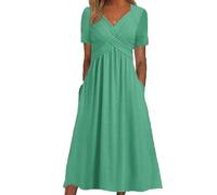 Women's Summer Solid Colour Round Neck Short Sleeve Comfortable Casual Personality A-Line Dresses Green