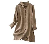 Women's Summer Solid Cotton and Linen Shirt Long Sleeve Loose Large Size Medium Long Linen Top Women's Button Down Shirts Khaki