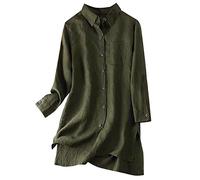 Women's Summer Solid Cotton and Linen Shirt Long Sleeve Loose Large Size Medium Long Linen Top Women's Button Down Shirts Green