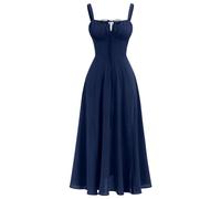 Women's Summer Spaghetti Strap Dress - Spring Boho Front Slit Swing Midi Sundress for Party, Holiday, Beach - Blue S
