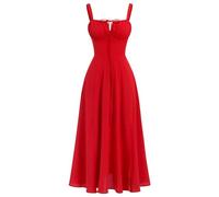 Women's Summer Spaghetti Strap Dress - Spring Boho Front Slit Swing Midi Sundress for Party, Holiday, Beach - Red S