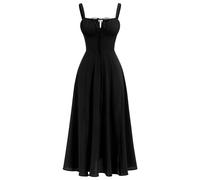 Women's Summer Spaghetti Strap Dress - Spring Boho Front Slit Swing Midi Sundress for Party, Holiday, Beach - Black M