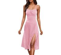 Womens Summer Strappy Dresses Polka Dot Printed Spaghetti Midi Beach Dresses Casual Square Neck Sleeveless Tank Dress Side Slit Party Strap Dress Knee Length Sundress for Ladies(D-Pink,M)