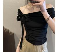 Womens Summer Strappy Slim Short For Pure Desire Hot Girl One Shoulder Short T Shirt(2XL Black)