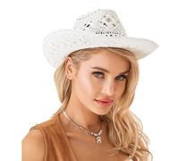 Womens Summer Straw Cowboy Hats Mens Outdoor Hand-Woven Hat Breathable Hollow Out Western Beach Sunhat (UK, Alpha, One Size, White)