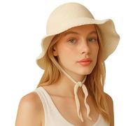 Womens Summer Straw Hat - Elegant Crochet Woven Bucket Hat, Foldable, Lightweight, Sun Protection, Quick Dry, Beach Travel, Holiday Ivory