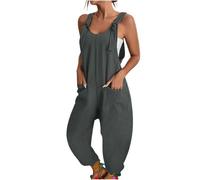 Women's Summer Stretch Overalls Oversize Casual Plain Wide Leg Jumpsuit Sleeveless Bib Shorts with Large Pockets Casual Loose Bib Pants Overall Baggy Summer Trousers Work Dungarees, Grey (grey 1), L