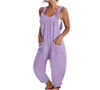 Women's Summer Stretch Overalls Oversize Casual Plain Wide Leg Jumpsuit Sleeveless Bib Shorts with Large Pockets Casual Loose Bib Pants Overall Baggy Summer Trousers Work Dungarees, Purple (purple 1),