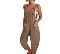Women's Summer Stretch Overalls Oversize Casual Plain Wide Leg Jumpsuit Sleeveless Bib Shorts with Large Pockets Casual Loose Bib Pants Overall Baggy Summer Trousers Work Dungarees, khaki, XXL