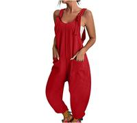 Women's Summer Stretch Overalls Oversize Casual Plain Wide Leg Jumpsuit Sleeveless Bib Shorts with Large Pockets Casual Loose Bib Pants Overall Baggy Summer Trousers Work Dungarees, red, M