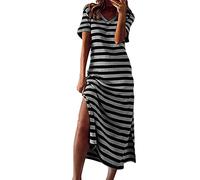 Womens Summer Stripe Maxi Dress Short Sleeve V Neck Casual Dresses for Women UK Loose Bodycon Dress Long Beach Dress Side Split Dresses Stretch T Shirt Dress Pullover T-Shirt Tunic Dress Grey