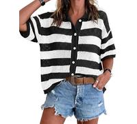 Womens Summer Striped Crochet Cardigan Sweater Half Sleeve Button up Tops Loose Fit Cover Up