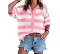 Womens Summer Striped Crochet Cardigan Sweater Half Sleeve Button up Tops Loose Fit Cover Up