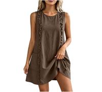 Women's Summer Sundress, Ladies Sleeveless Camisole Dress Round Neck Solid Color Short Ruffle Dresses with Pockets Loose Fit Soft Comfy for Vacation Daily Wear