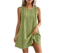 Women's Summer Sundress, Ladies Sleeveless Camisole Dress Round Neck Solid Color Short Ruffle Dresses with Pockets Loose Fit Soft Comfy for Vacation Daily Wear