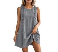 Women's Summer Sundress, Ladies Sleeveless Camisole Dress Round Neck Solid Color Short Ruffle Dresses with Pockets Loose Fit Soft Comfy for Vacation Daily Wear