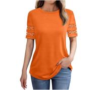 Womens Summer T Shirts Fashion Lace Patchwork Short Sleeves Tunic Loose Fit Crewneck Solid Plain Blouses Dressy Casual Work Office T-Shirt Ladies Tee Tops Hollow Out Design