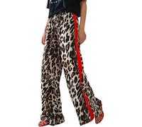 Women's Summer Thin Casual Pants with Drawstring Leopard Print Side Stripes Straight Leg Wide Leg Loose Pants Silk Women White