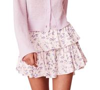 Womens Summer Tiered Ruffled Skirts Floral Print Elastic Waist Curved Hemline Cute Flowy Miniskirts Streetwear (Purple, L)