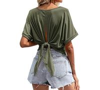 Women's Summer Top Blouse Plain Versatile Crew Neck Top Shirt Back Bow Loose Bat Short Sleeve T-Shirt Angel Wings Black Women, Army Green, M