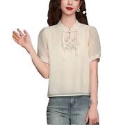 Women's Summer Top Chinese Style Standing Neck Button Embroidered Shirt Chiffon Shirt Apricot