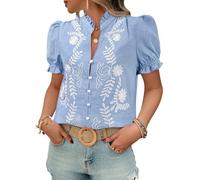 Women's Summer Tops 2026 Casual Ruffle V Neck Puff Short Sleeve Button Down Shirts Embroidered Blouses, Blue, S