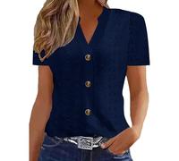 Womens Summer Tops Babydoll Short Sleeve Shirts Button V Neck T Shirts Hollow Out Eyelet Tunic Blouses Dressy Casual Blouses Trendy Loose Fit Tees Shirt Going Out Tops