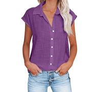 Womens Summer Tops Cap Sleeve Linen Shirts Casual Button Down Cotton Tshirt Tops V Neck Blouses Loose Collared Shirt Oversized Tees Dressy Blouses Office Work Blouse Plus Size Purple