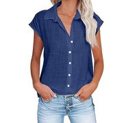 Womens Summer Tops Cap Sleeve Linen Shirts Casual Button Down Cotton Tshirt Tops V Neck Blouses Loose Collared Shirt Oversized Tees Dressy Blouses Office Work Blouse Plus Size Navy
