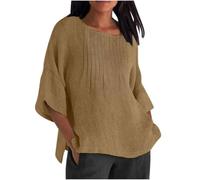 Womens Summer Tops Casual Cotton Linen Shirts Plus Size Tunic Tops 3/4 Sleeve Blouses Solid Color Lounge Tunic Blouse Loose Fit Tee Crew Neck Comfy Dressy Tshirts Office Work