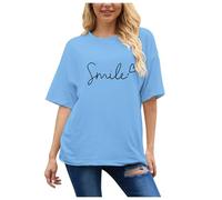 Womens Summer Tops Casual Dressy Soft Short Sleeve Tunic Front Pleated Spring Crew Neck Tees T-Shirts Loose Blouse for Ladies Athletic Exercise Gym Teeshirts Streetwear (Sky Blue,M)